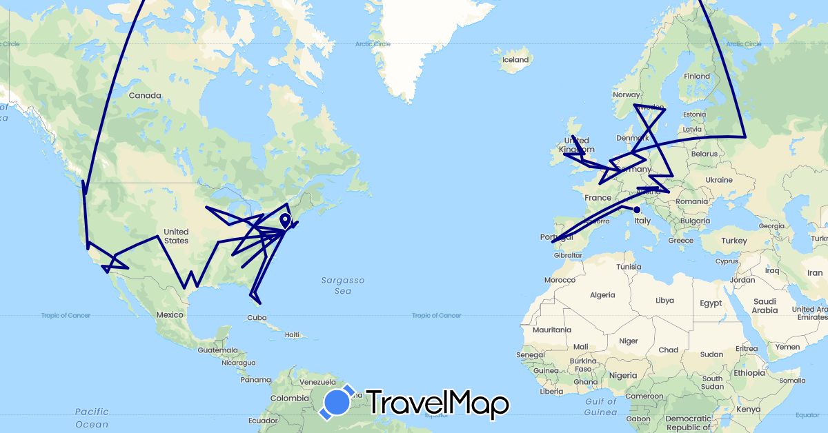 TravelMap itinerary: driving in Austria, Belgium, Canada, Czech Republic, Germany, Denmark, Spain, France, United Kingdom, Hungary, Ireland, Italy, Netherlands, Norway, Poland, Portugal, Russia, Sweden, United States (Europe, North America)